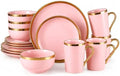 Pink and Gold Dinnerware Set for 4, 16-Piece Porcelain Gold Rim by Loymokinar
