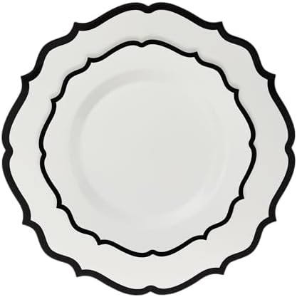 PLASTICPRO 64 Pack Elegant Disposable Plastic Plates Combo Set Includes 32 Dinner Plates and 32 Salad Plates Heavy Duty Fancy Party Plates White & Black Contemporary Design - Image 7