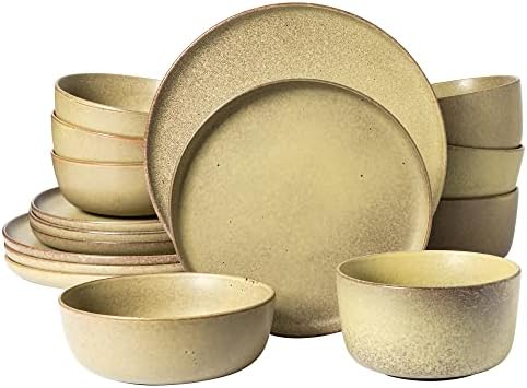 Gibson Elite James Street 16 Piece Stoneware Matte Reactive Double Bowl Dinnerware Set - Toast Cream, Service for 4 (16pcs) by GibsonHomewares