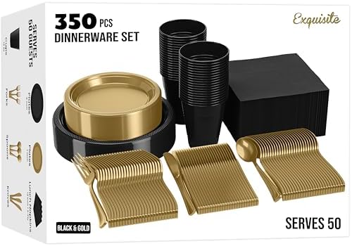Exquisite 350 Pcs Black & Gold Plastic Plates for Party Black & Gold Disposable Plates Set 50 of Each 9 Dinner Plate Set 7 Dessert Plate Cups Napkins & Cutlery Plastic Dinnerware by Exquisite