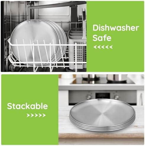 Metal Dinner Plate, 4 Pack 10.2 inch 304(18/8) Stainless Steel Plates, Reusable lunch salad Pizza BBQ Food Serving Snack Eating Dishes Round Shatterproof Plate Silver Dinnerware Oven Safe - Image 4