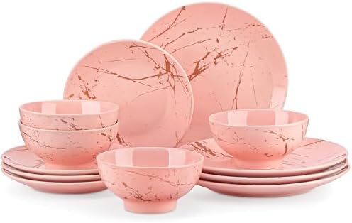 LOVECASA Pink Dinnerware Sets for 4, 12 Piece Porcelain Plates and Bowls Sets, Gold Splash Dish Set, Modern Ceramic Dinner Set, Dishwasher Microwave Safe by LOVECASA