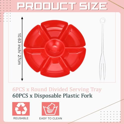 Zhehao 6 Pcs Plastic Divided Serving Trays with 60 Pcs Disposable Fork, 7 Compartments Round Chip Dip Plate, Petal Shape Platter, 10.6'' Snacks Serving Dish for Party Candy Nuts Fruits (Red) - Image 2