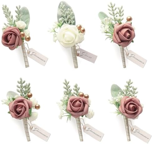Floroom Set of 6 Dusty Rose & Ivory Foam Rose Boutonnieres with Pins for Men Wedding for Groom Groomsmen Wedding Ceremonies Anniversaries Formal Dinners Parties Proms by Floroom