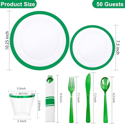 I00000 350 Green Plastic Plates, Clear Disposable Dinnerware Set for Party - Image 3