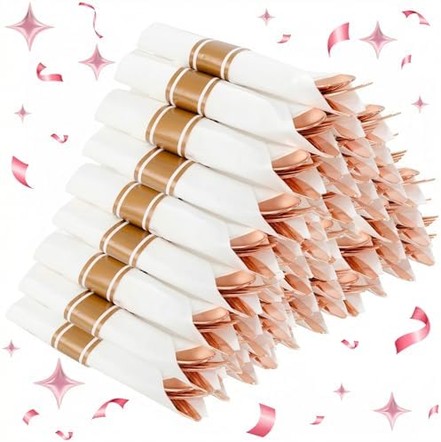 Supernal 60 Pack Rose Gold Plastic Silverware Cutlery Set with Napkin by supernal