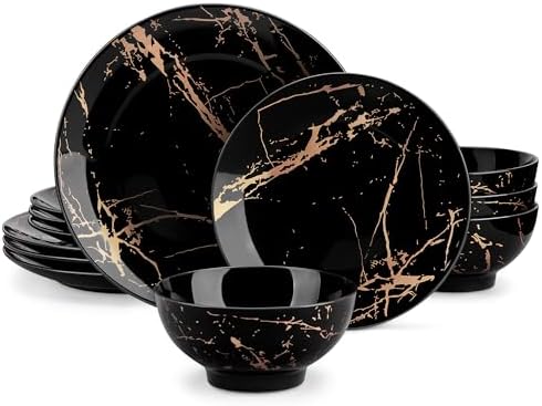 LOVECASA Plates and Bowls Sets for 4, 12 Pieces Porcelain Dinnerware Sets, Black and Gold Dish Set Gold Splash Dishware Sets, Dishwasher Microwave Safe by LOVECASA