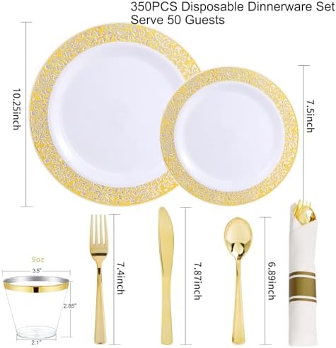 WELLIFE 100 Guests Dinnerware Sets, Gold Plastic Plates, Platos Para Fiestas Elegantes Desechables Include:100 Dinner Plates,100 Dessert Plate,400 Pcs Gold Plastic Silverware, 100 Cups for Party - Image 2