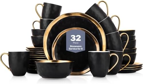 Stone Lain Florian Modern Porcelain Dish Set, 32-Piece Dishes for 8, Gold and Black by Unknown