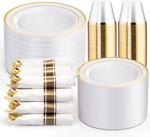 WELLIFE Disposable Plates & Gold Silverware Set, 350 Pieces for 50 Guests by WELLIFE
