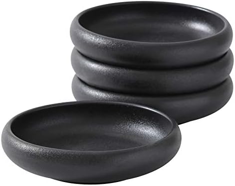 Uaral Japanese Salad Plate,Black Plates and Bowls Set,Stoneware Black Plate Set,Appetizer Plates Set of 4,5.5 inch,14 oz(Texture Matte) by Uaral