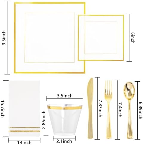 Festiva 350Pcs Clear Plastic Plates with Gold rim - Clear Gold Disposable Dinnerware for 50 Guests include Square Plastic Plates/Cups/Cutlery/Napkins Perfect for Birthday Party&Wedding - Image 3