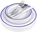 125-Piece White and Blue Fancy Plastic Plates Disposable with Silverware, Elegant Dinnerware for Weddings, Holiday Party China, Set of 25 Dinner + Salad Plates, 25 Spoons, 25 Forks, 25 Knives by StockYourHome