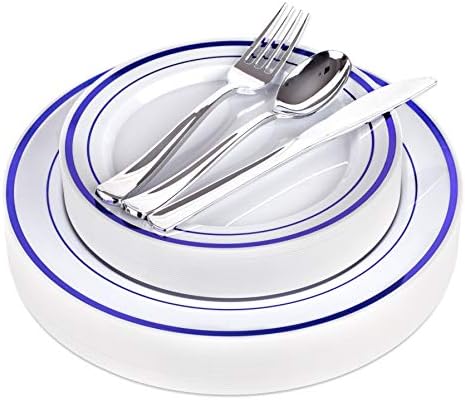 125-Piece White and Blue Fancy Plastic Plates Disposable with Silverware, Elegant Dinnerware for Weddings, Holiday Party China, Set of 25 Dinner + Salad Plates, 25 Spoons, 25 Forks, 25 Knives by StockYourHome