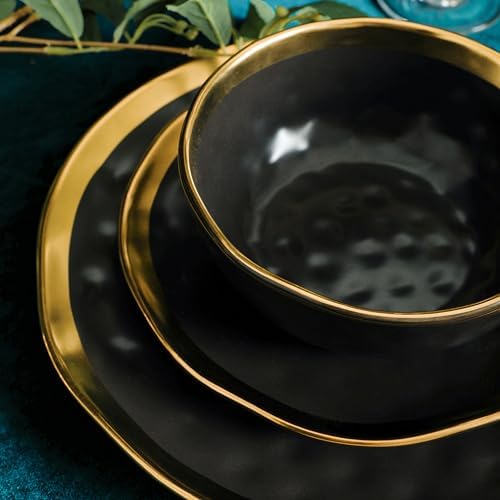 Stone Lain Florian Modern Porcelain 16 Piece Dinnerware Set, Plates and Bowls Set, Dish set for 4, Black And Golden Rim - Image 6