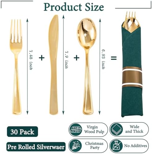 Supernal 30 Pack Pre Rolled Gold Plastic Silverware with Green Napkins - Image 2
