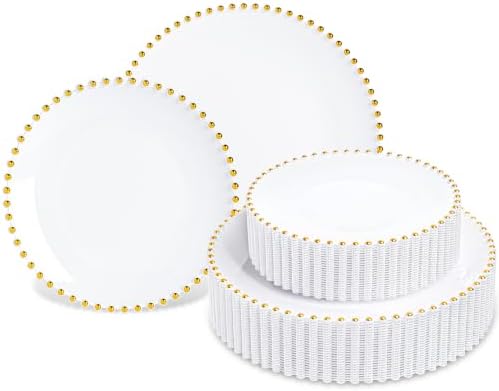 HOMIP 50PCS Disposable White Plastic Plates with Gold Pearl-Beaded Rim by HOMIP