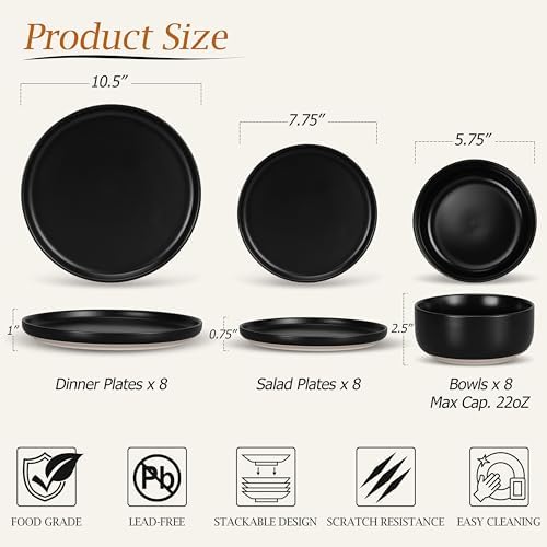 LIANYU Plates and Bowls Sets for 8, 24 Piece Stoneware Dinnerware Set, Porcelain Dishware for Kitchen and Dining, Microwave Oven Dishwasher Safe, High temperature & Scratch Resistant, Matte Black - Image 2