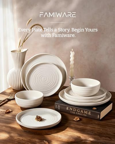Famiware Pluto 12-Piece Stoneware Dinnerware Set, Matte Beige White - Image 7