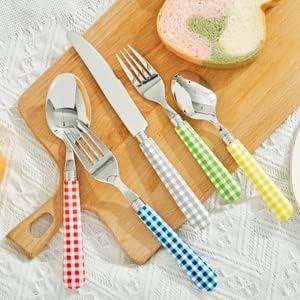 ANNOVA Stainless Steel Colorful Tableware Kitchen Flatware Set Utensils, Includes Dinner Knives, Forks, Spoons, Salad Forks & Dessert Spoons, Modern Rounded Shape (Red Checkered, 20 Pieces) - Image 2