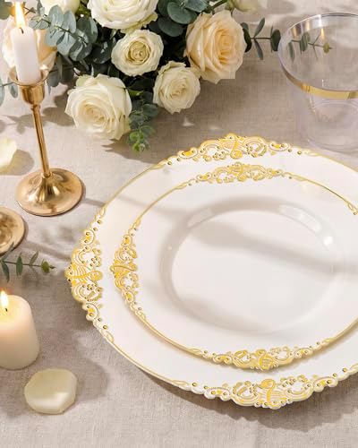 Morejoy 175 PCS Lvory Plastic Plates - Lvory Gold Plastic Dinnerware Sets - Image 6