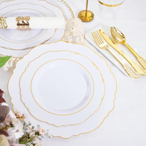 WDF Partyware 350 Pieces Gold Disposable Plates for 50 Guests, Fall Plastic Plates, Dinnerware Set of 50 Dinner Plates, 50 Salad Plate, 50 Spoons, 50 Forks, 50 Knives, 50 Cups for Thanksgiving Party - Image 5