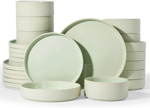 Famiware Stoneware Dinnerware Set with Pasta Bowls, 24pc Green Dishes for 6 by Famiware