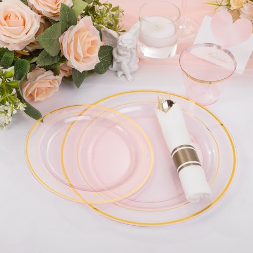 WELLIFE 350Pcs Clear-Pink Plastic Dinnerware- Pink and Gold Plastic Dinnerware include 50 Dinner Plates, 50 Dessert Plates, 150 Gold Silverware, 50 Cups and 50 Napkins Perfect for Parties - Image 7
