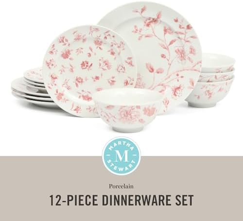 Martha Stewart Empress Bouquet 12-Piece Decorated Porcelain Chip and Scratch Resistant Dinnerware Plates and Bowls Set - Pink Floral - Image 2