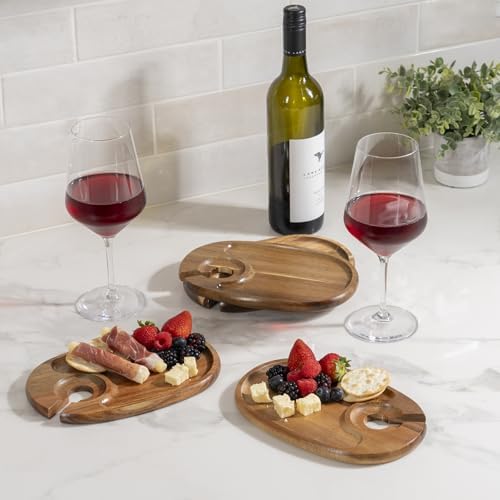 Wine Glass Holder Plates – Acacia Wooden Appetizer & Snack Plates for Party, Wine & Cheese Mini Charcuterie Boards, Set of 4 – Great Gift for Wine Lovers - Image 7