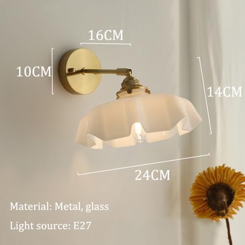 Vintage Milk Glass Wall Sconce - Mid Century Flower Design Lighting, Hardwired Gold Finish, Ideal for Bedroom, Hallway, Living Room, Farmhouse Style Wall Lamp.