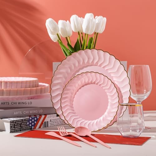 Lullaby 60PCS Pink Scalloped Plastic Plates with Gold Rim for Party Wedding - Image 6