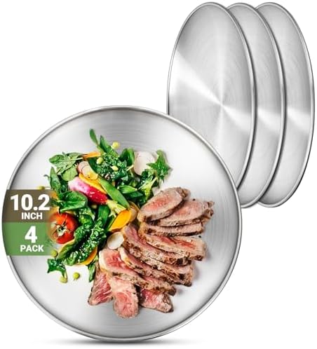 Metal Dinner Plate, 4 Pack 10.2 inch 304(18/8) Stainless Steel Plates, Reusable lunch salad Pizza BBQ Food Serving Snack Eating Dishes Round Shatterproof Plate Silver Dinnerware Oven Safe by Offiper