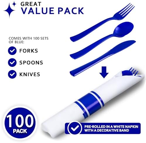 400PCS Pre Rolled Blue Plastic Silverware Set Heavy Duty for Wedding - Image 2