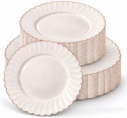 By Madee HEAVYWEIGHT Ivory Rose Gold Scalloped Plates for Wedding 60 Pc by byMadee