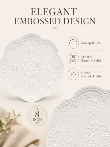 8 Inch Ceramic Salad Plates Set of 4, White Embossed Floral Butterfly Appetizer Plates with Scalloped Edge, Dessert Plates for Salad, Breakfast, Snacks, Microwave Oven Dishwasher Safe - Image 4