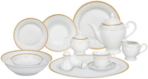 Lorren Home Trends 57-Piece Porcelain Dinnerware Set, Ricamo-GD, Service for 8 by LorrenHomeTrends