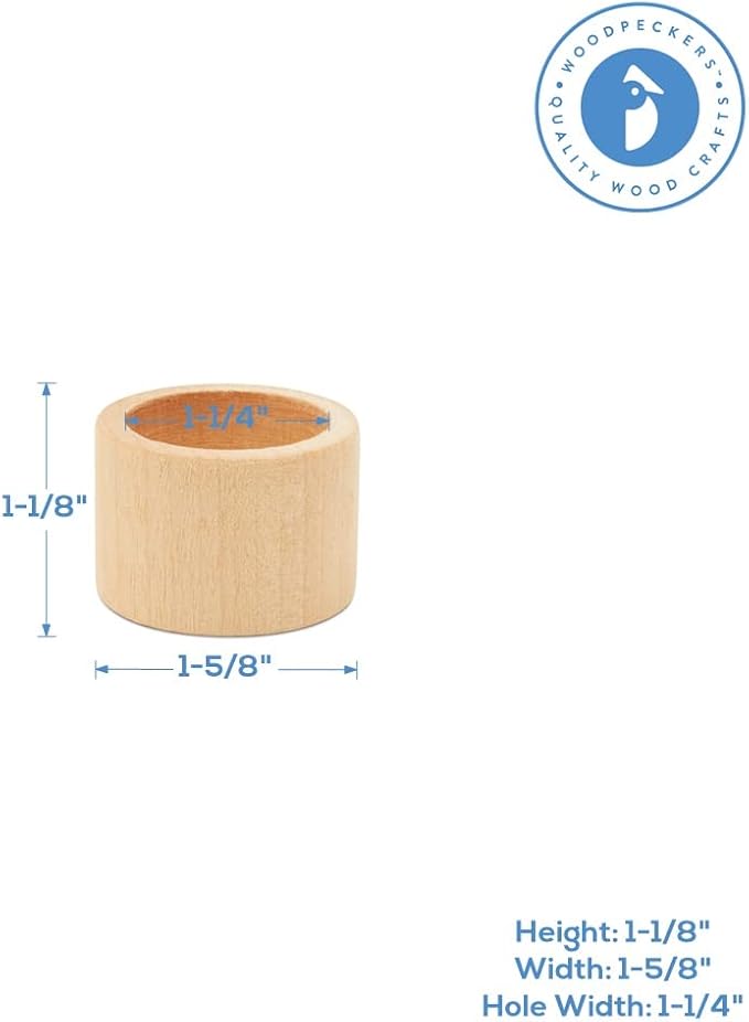 Classic Unfinished Wooden Napkin Rings Set of 12, 1-1/2 inch Wood Napkin Rings for Crafts & Table Decor, by Woodpeckers