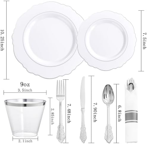 Liacere 175pcs Silver Plastic Plates - White and Silver Disposable - 25guest Baroque Plastic Dinnerware include 50Plates, 25Pack Pre Rolled Napkins with Silverware 25Cups for Wedding&Party&Easter Day - Image 2