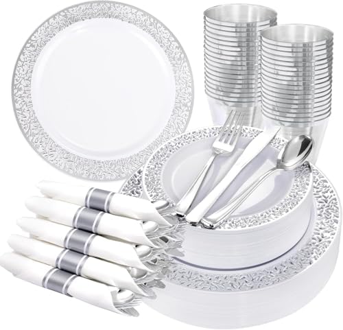WELLIFE 175Pcs Silver Dinnerware Sets, Include:25 Dinner Plates, 25 Dessert Plates, 25 Paper Napkins, 25 Cups, 75 Silver Silverware Set for Party and Weddings by WELLIFE