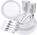 WELLIFE 175Pcs Silver Dinnerware Sets, Include:25 Dinner Plates, 25 Dessert Plates, 25 Paper Napkins, 25 Cups, 75 Silver Silverware Set for Party and Weddings by WELLIFE