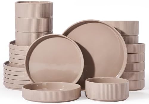 Famiware Stoneware Dinnerware Set with Pasta Bowls, 24pc Brown Dishes for 6 by Famiware