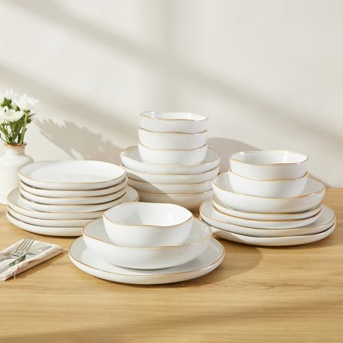 Pokini 24 Pieces Dinnerware Set for 6 with Pasta Bowls, Complete Ceramic Dish Set, Stackable & Glossy Stoneware Plate and Bowl Set for Effortless Everyday Hosting, White - Image 5