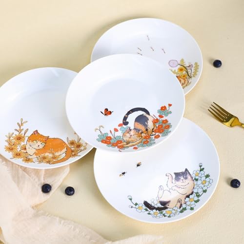 Colias Wing 8 Inch Cat and Flower Pattern Stylish Design Ceramic Salad/Pasta/Fruit/Appetizer/Dessert Dishes Holiday Plates Christmas Dinner Plates-Set of 4-4 Cats-8 Inch - Image 3