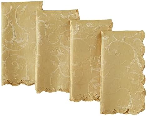 Newbridge Portofino Scalloped Damask Fabric Napkins, Set of 4, Gold, Wrinkle and Stain Resistant Fine Dining Holiday Party Fabric Napkin Set by HomeBargainsPlus
