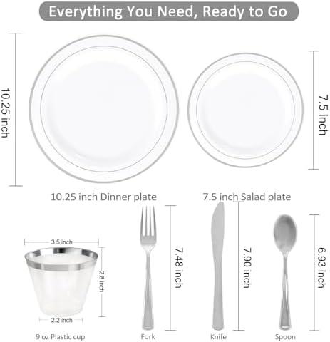 WELLIFE 350-Piece Silver Plastic Dinnerware Set - Disposable 10.25" Dinner Plates, 7.5" Dessert Plates, 9oz Silver Rim Cups & Cutlery for Weddings - 50 Guest Service - Elegant Disposable Silverware - Image 3