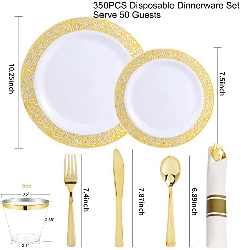 WELLIFE 50 Guests Dinnerware Sets, Gold Plastic Plates，Platos Para Fiestas Elegantes Desechables Include:50 Dinner Plates, 50 Dessert Plate, 150 Pcs Gold Plastic Silverware, 50 Cups for Party - Image 2