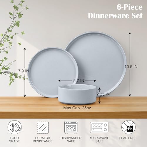 E-far 6-Piece Stoneware Dinnerware Sets, Plates and Bowls Set for 2, Gray - Image 2