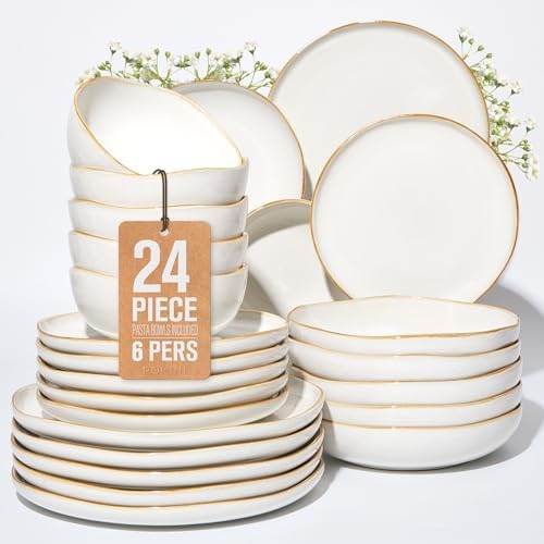 Pokini 24 Pieces Dinnerware Set for 6 with Pasta Bowls, Complete Ceramic Dish Set, Stackable & Glossy Stoneware Plate and Bowl Set for Effortless Everyday Hosting, White by Pokini