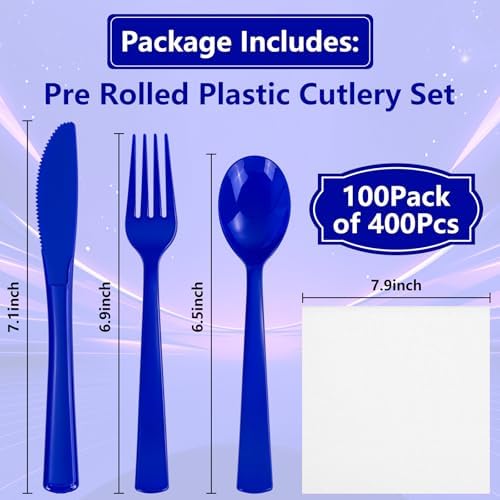 400PCS Pre Rolled Blue Plastic Silverware Set Heavy Duty for Wedding - Image 6